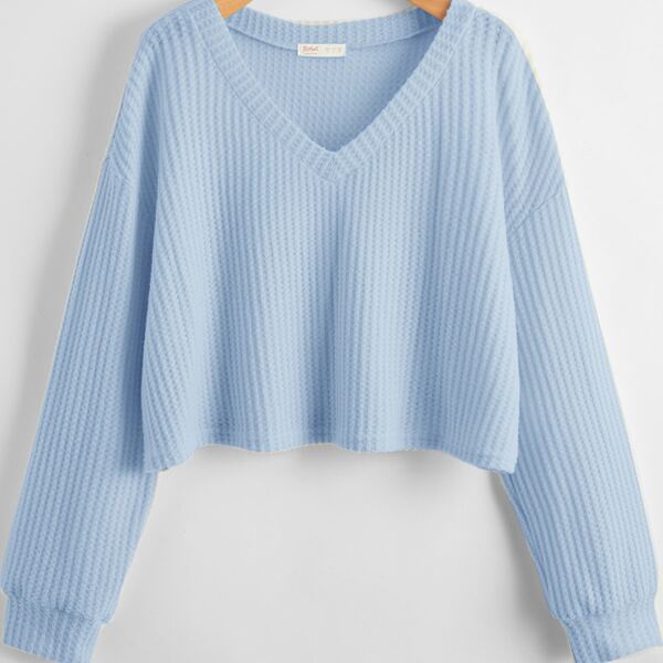 

Plus V-neck Drop Shoulder Waffle Tee, Baby blue