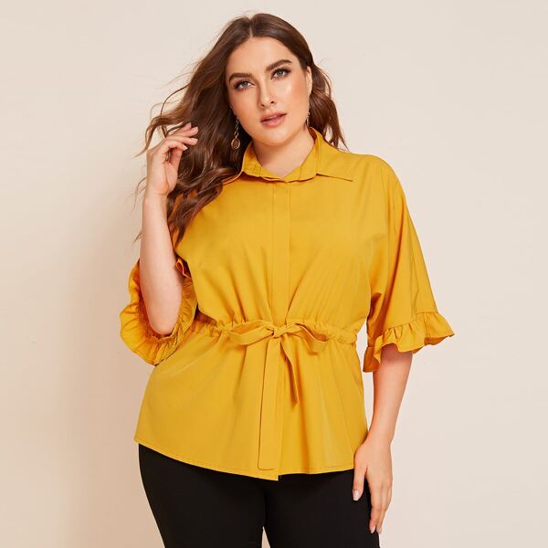 

Plus Solid Drawstring Waist Flounce Sleeve Blouse, Yellow