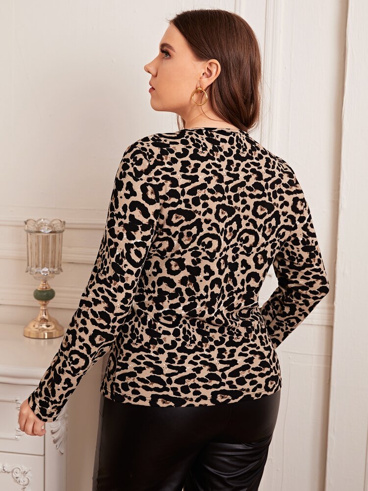 SHEIN Clasi 大碼繫帶領豹紋上衣 - 彩色 - 查看 3