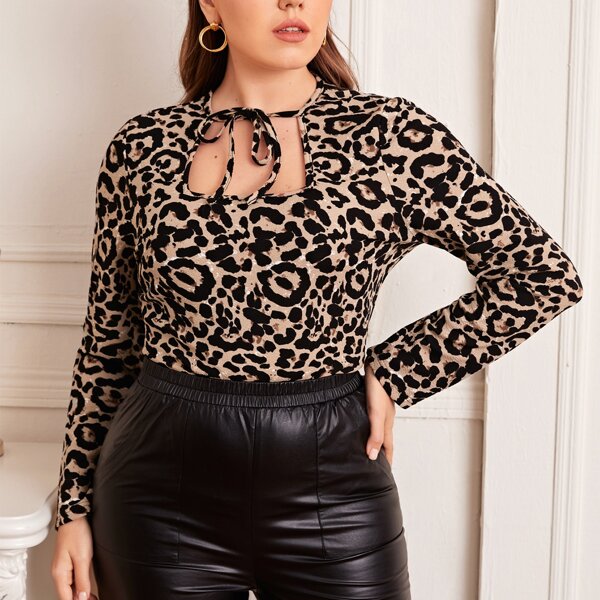 

Plus Tie Neck Leopard Top, Multicolor