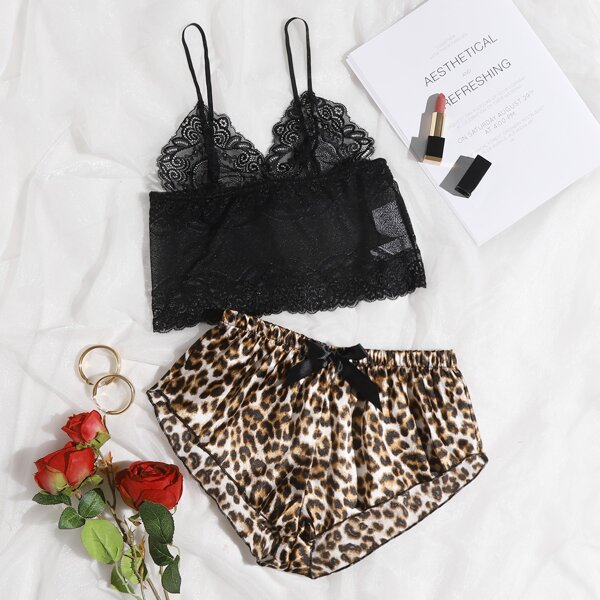 

Leopard Contrast Lace Satin Lingerie Set, Multicolor