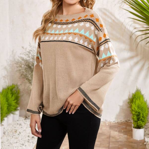 

Drop Shoulder Fair Isle Sweater, Khaki