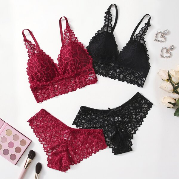 

2pairs Floral Lace Lingerie Set, Multicolor