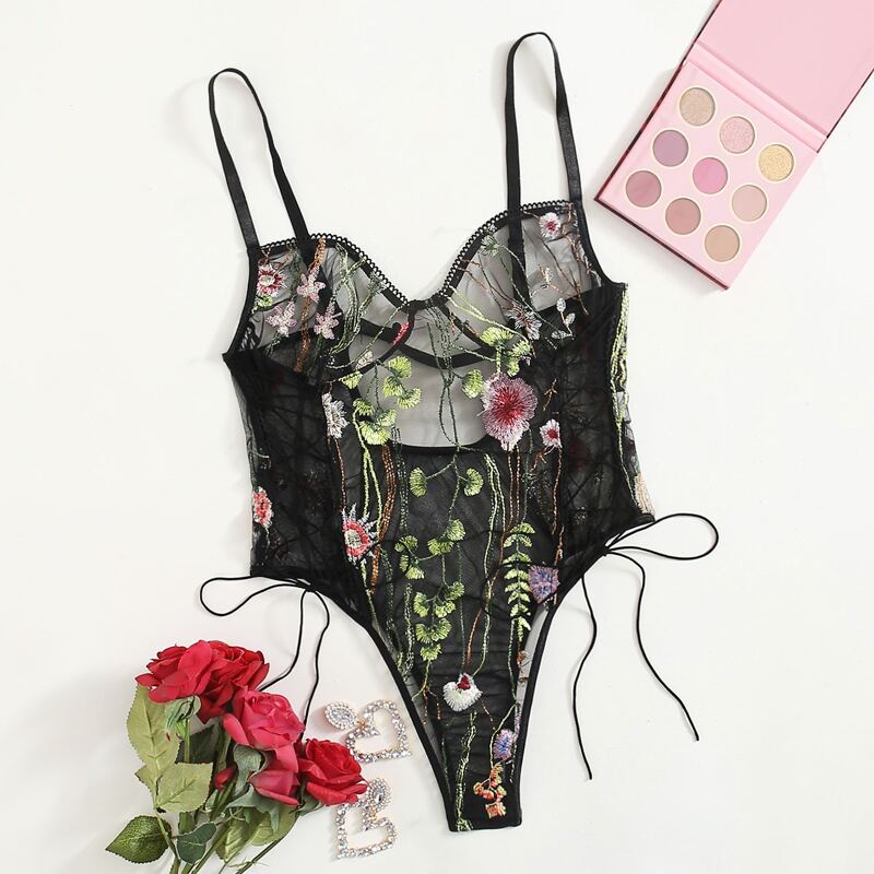 

Embroidered Mesh Teddy Bodysuit, Black