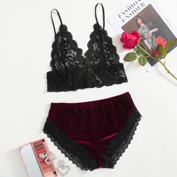 

Floral Lace Scallop Trim Bralette With Velvet Shorts, Multicolor