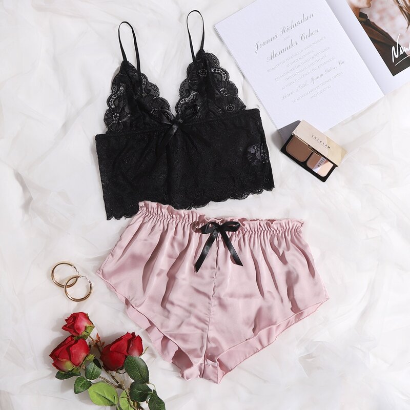 

Floral Lace Frill Trim Lingerie Set, Multicolor