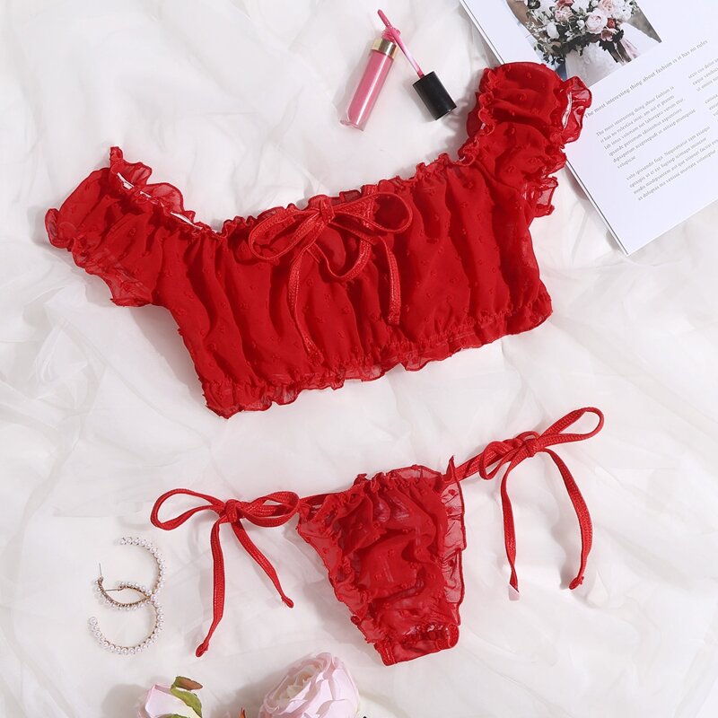 

Polka Dot Tie Front Lingerie Set, Red