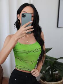 Lettuce Trim Graphic Print Cami Crop Top - Lime Green - View 1