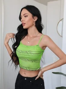 Lettuce Trim Graphic Print Cami Crop Top - Lime Green - View 4