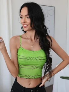 Lettuce Trim Graphic Print Cami Crop Top - Lime Green - View 5