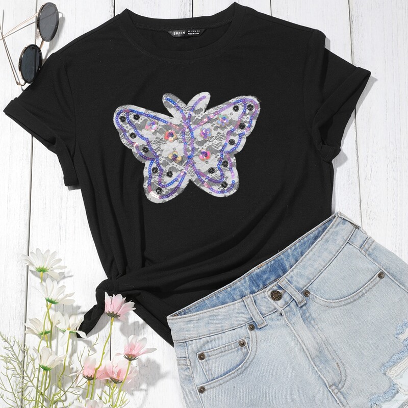 

Butterfly Sequin Patch Tee, Black