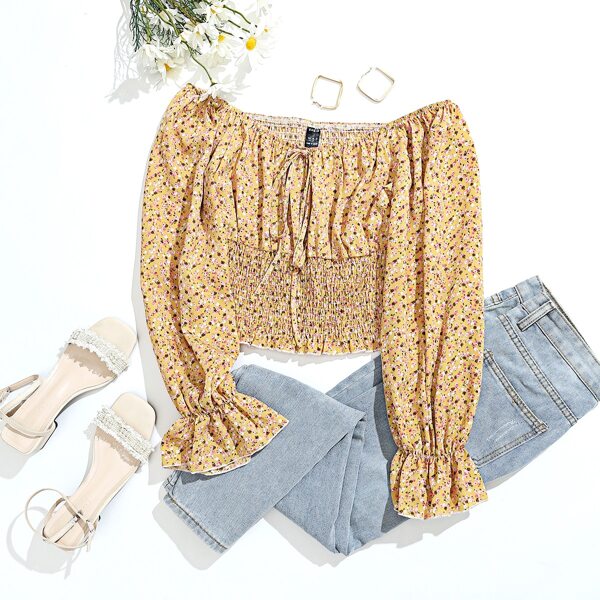 

Ditsy Floral Shirred Knot Bardot Blouse, Yellow