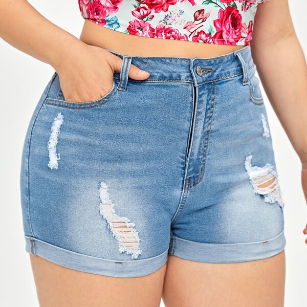 

Plus High Waist Ripped Roll Hem Denim Shorts, Light wash