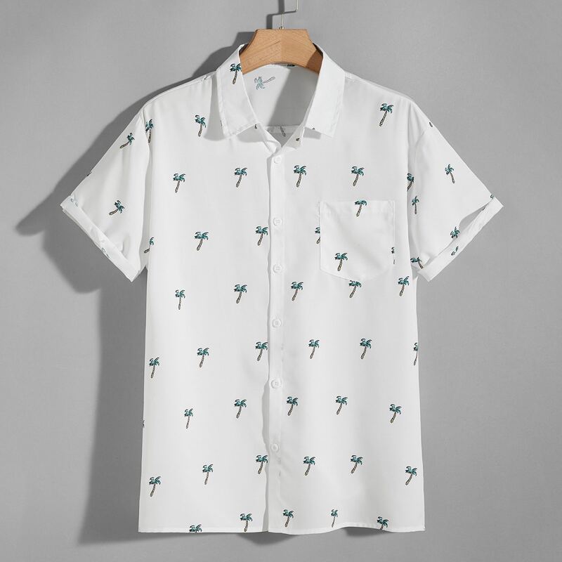 

Guys Tropical Print Button Front Shirt, White