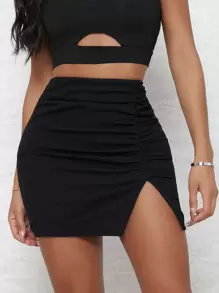 SHEIN SXY 抽褶前開衩迷你半身裙 - 黑色 - 查看 1