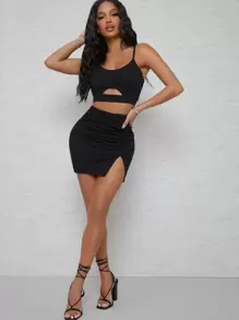 SHEIN SXY 抽褶前開衩迷你半身裙 - 黑色 - 查看 5