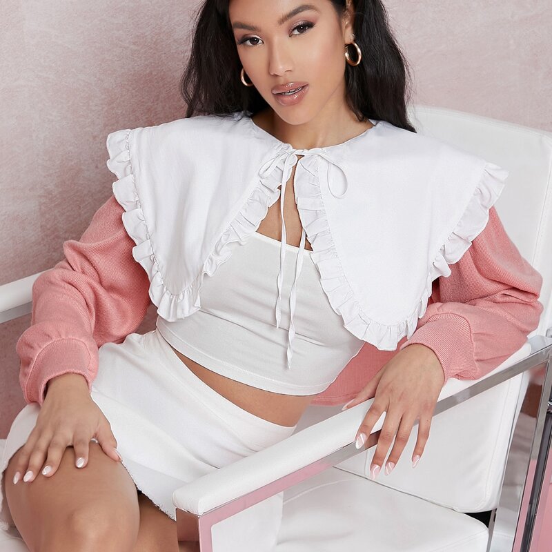 

Tie Neck Ruffle Trim Statement Collar Two Tone Cardigan Without Camisole, Multicolor