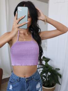 Halterneck Tie Back Shirred Crop Top - Lilac Purple - View 4