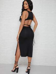 SHEIN SXY فستا ضيق مشقوق ومفتوح خلفي متوسط - الأسود - مشاهدة 1