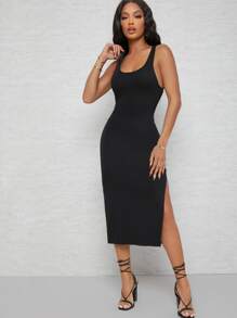 SHEIN SXY فستا ضيق مشقوق ومفتوح خلفي متوسط - الأسود - مشاهدة 2