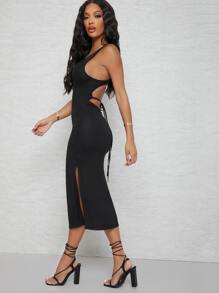 SHEIN SXY فستا ضيق مشقوق ومفتوح خلفي متوسط - الأسود - مشاهدة 3