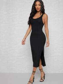 SHEIN SXY فستا ضيق مشقوق ومفتوح خلفي متوسط - الأسود - مشاهدة 5