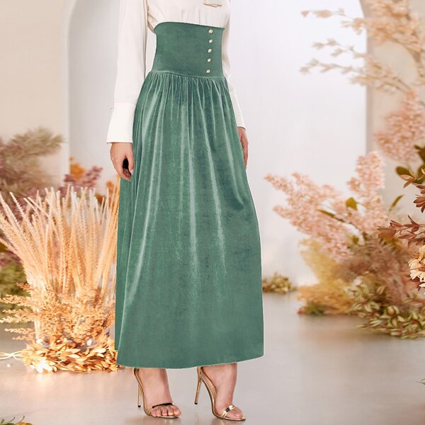

Velvet Solid Button Detail High Waist Skirt, Green