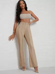 SHEIN SXY 褶皱高腰喇叭裤 - 杏色 - 查看 5