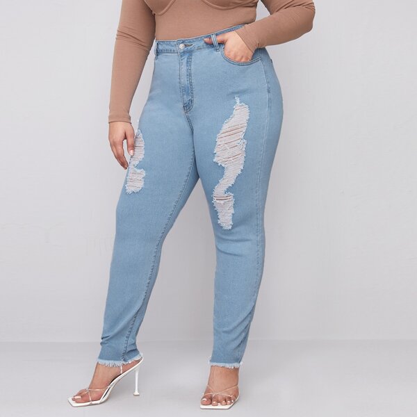 

Plus High Waist Ripped Raw Hem Jeans, Light wash