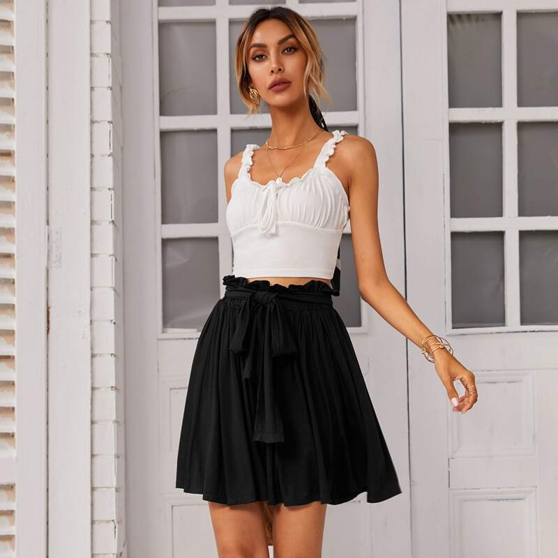 

Paperbag Waist Belted Skirt, Black