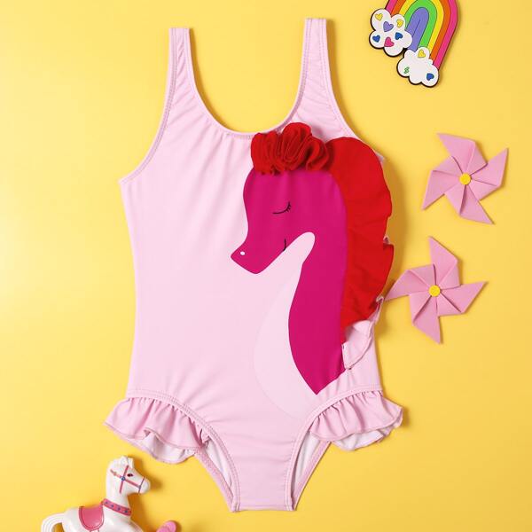 

Toddler Girls Cartoon Graphic Ruffle One Piece Swimsuit, Baby pink