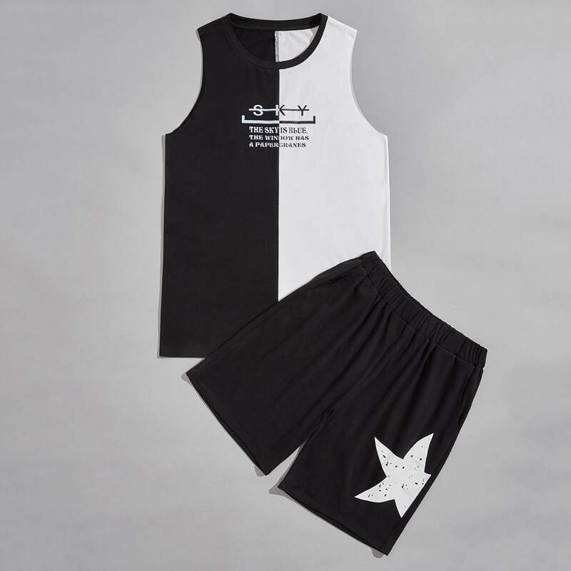 

Guys Two Tone Slogan Graphic Tank Top & Shorts, Black and white