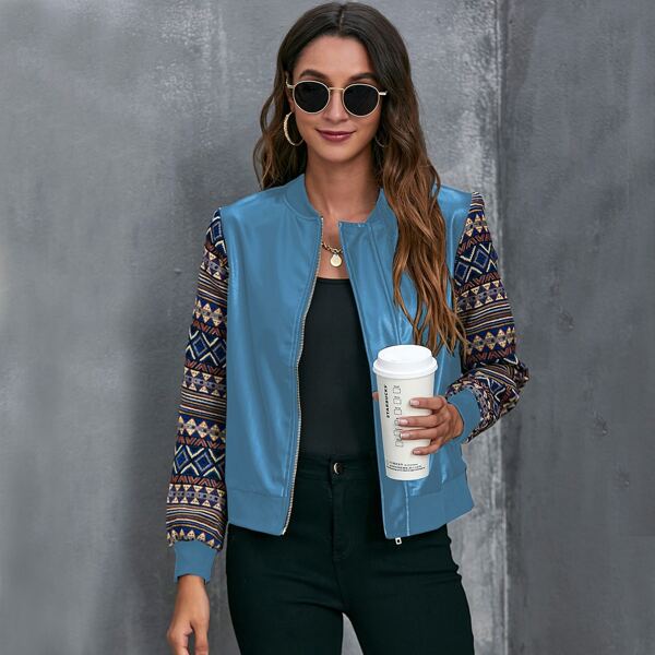 

Geo Pattern Spliced PU Bomber Jacket, Blue