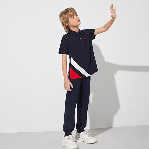 

Boys Bird Embroidered Colorblock Polo Shirt & Joggers Set, Navy blue