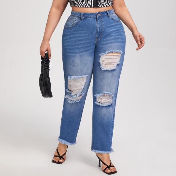 

Plus High Waist Ripped Raw Hem Mom Jeans, Medium wash