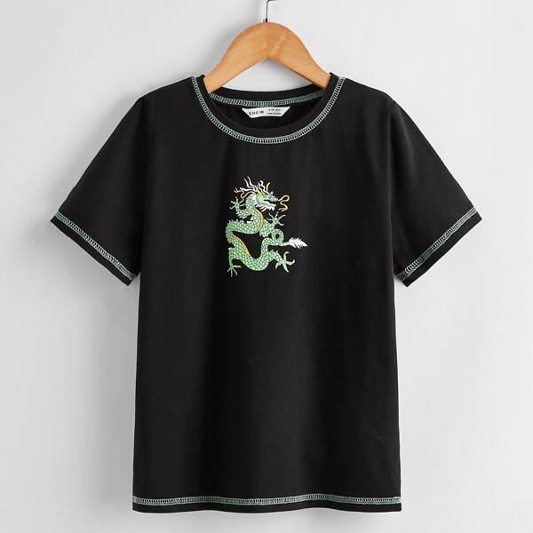 

Boys Contrast Stitch Chinese Dragon Graphic Tee, Black