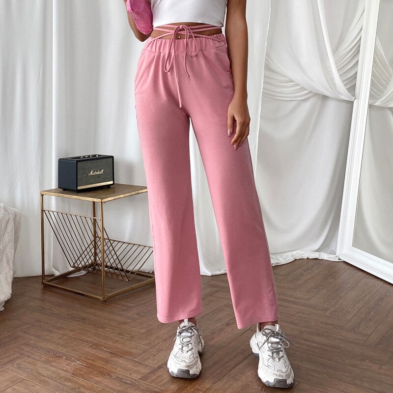 

Lace Up Knot Front Slant Pocket Pants, Dusty pink