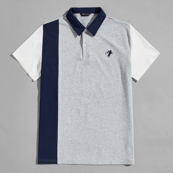 

Men Embroidered Detail Colorblock Polo Shirt, Light grey