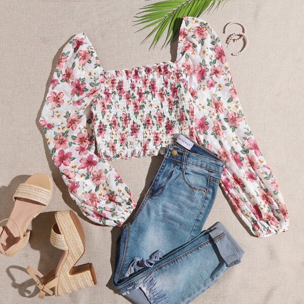 

Frilled Trim Floral Print Shirred Crop Top, Multicolor