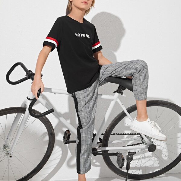 

Boys Letter Graphic Colorblock Tee & Plaid Pants Set, Black and white