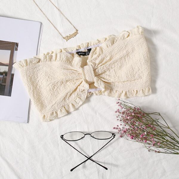 

Frill Trim Ruched Bandeau Crop Top, Beige