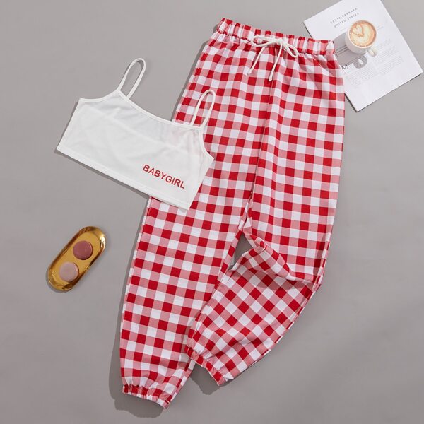 

Letter Graphic Cami Top & Gingham Pants Pajama Set, Red and white