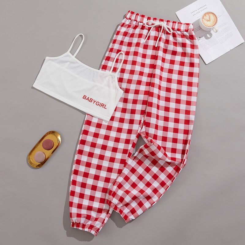 

Letter Graphic Cami Top & Gingham Pants Pajama Set, Red and white