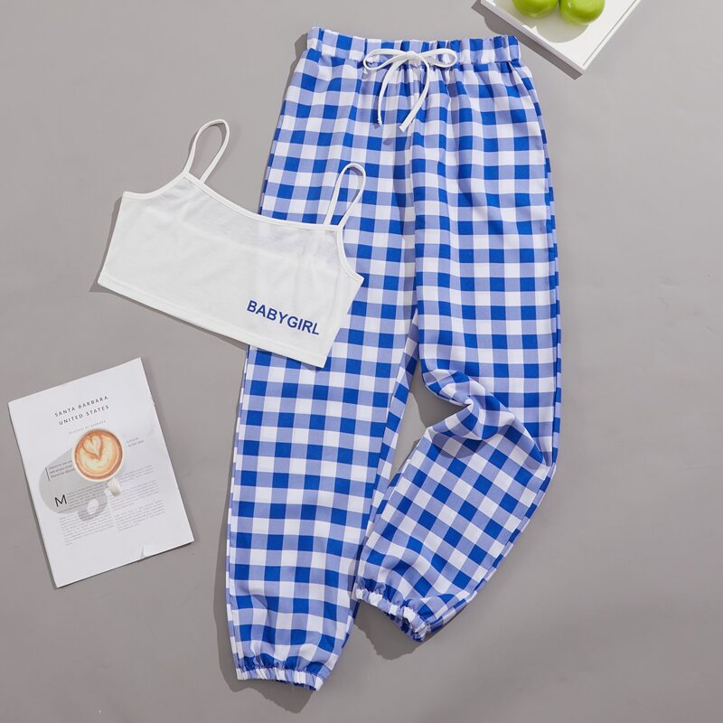 

Letter Graphic Cami Top & Gingham Pants Pajama Set, Blue and white