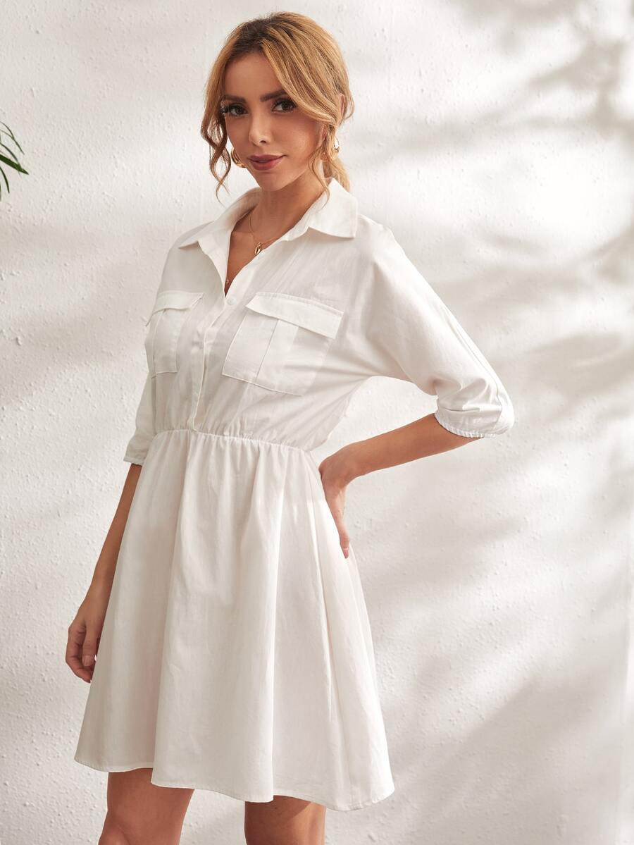Vestido Bolsillo Liso Casual - Blanco - Ver 1