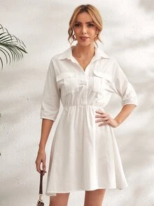 Vestido Bolsillo Liso Casual - Blanco - Ver 3