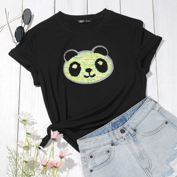 

Panda Sequin Patch Tee, Black