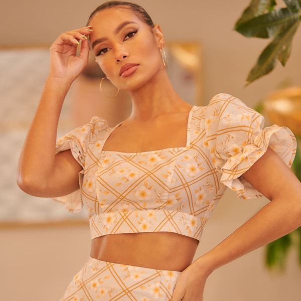 

Square Neck Tie Back Floral and Plaid Top, Apricot