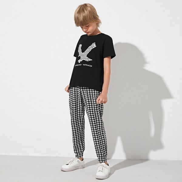 

Boys Letter and Eagle Print Top & Houndstooth Pants Set, Black