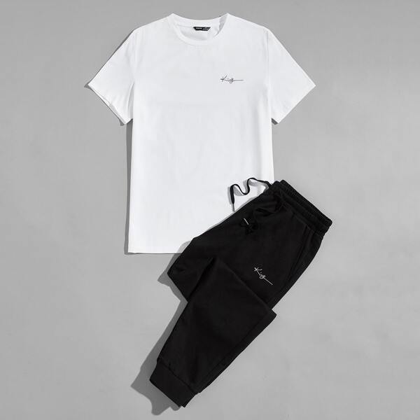 

Men Letter Graphic Tee & Joggers Set, Black and white